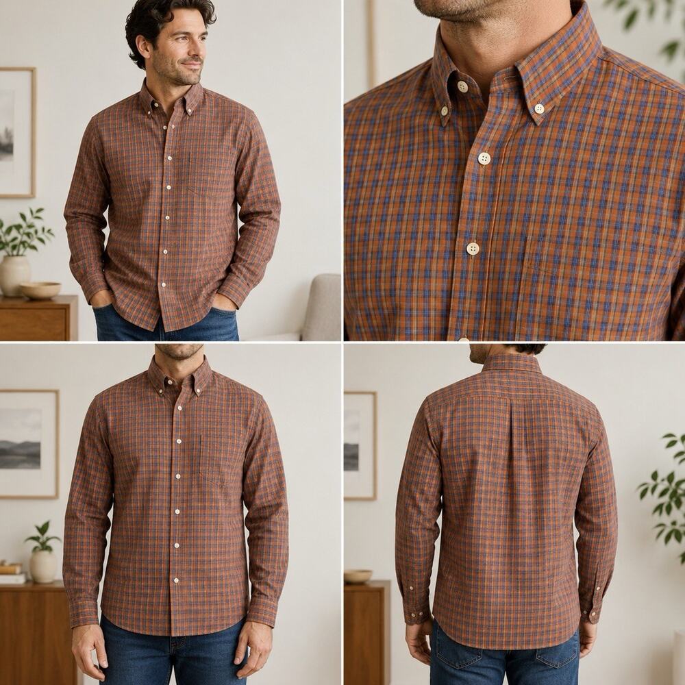 ROWM Mens XL Plaid Button Down Shirt Long Sleeve Orange Blue Casual